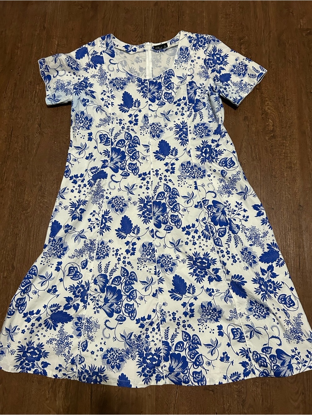 Blue & White Floral A-Line Cotton T shirt Dress